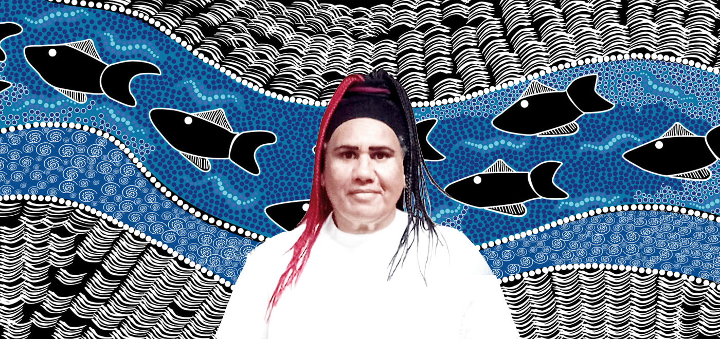 Jude Jarrett with artwork of swimming fish in background